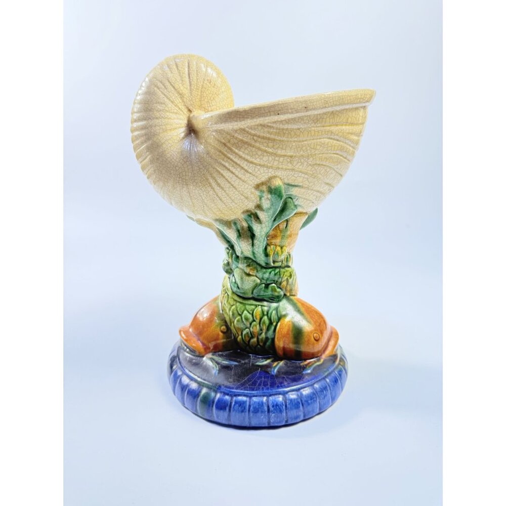 Elevated Centerpiece Compote Vase Planter Majolica Minton Style Shell Nautilus - Picture 7 of 14